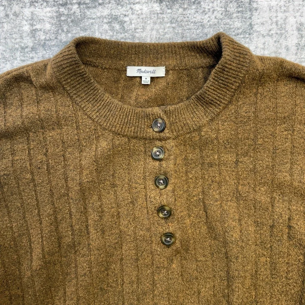 Madewell Sweater Women Medium Brown Drab Bowden Henley Ribbed Merino Alpaca - Picture 4 of 10